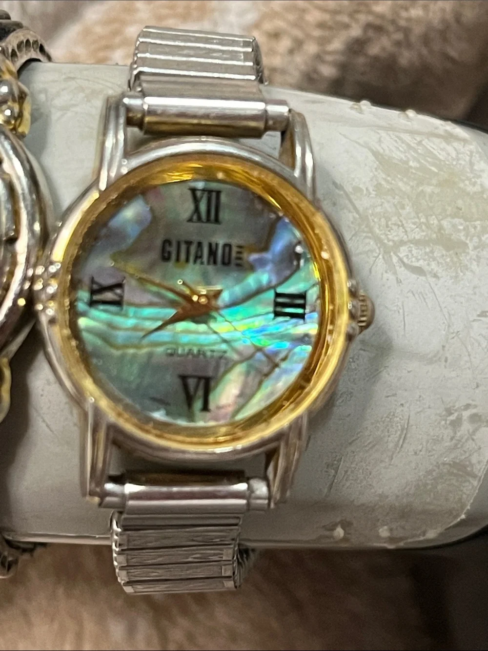 Gitano Silver-Tone Watch with Iridescent Blue-Green Abalone Dial